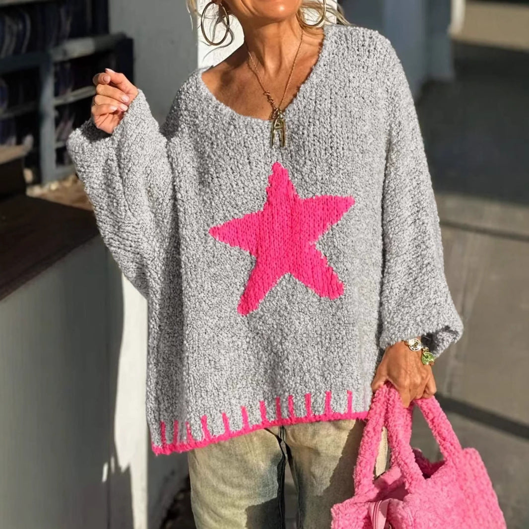 Women's knitted sweater with V-neck and striking star pattern Lune London