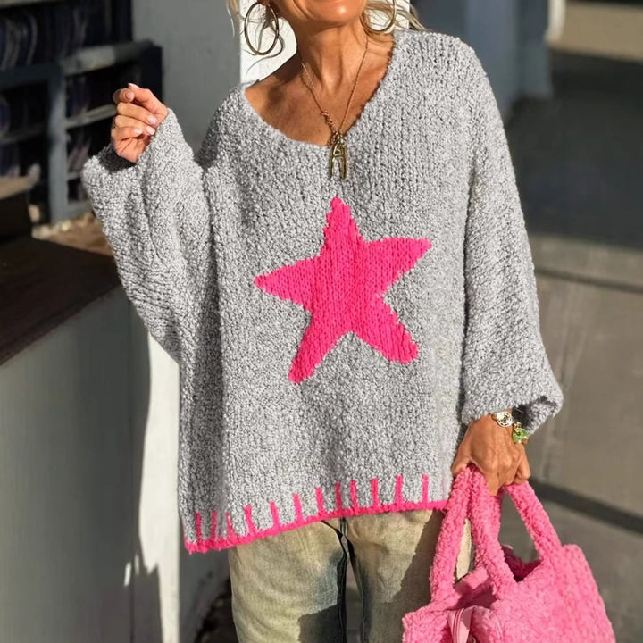 Women's knitted sweater with V-neck and striking star pattern Lune London