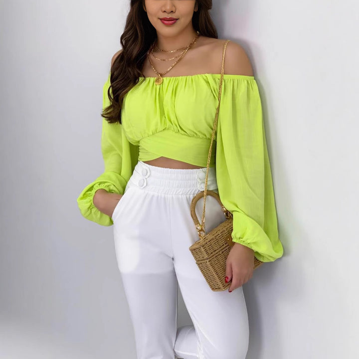 Ladies Off-Shoulder Bell Sleeve Crop Top Lune London