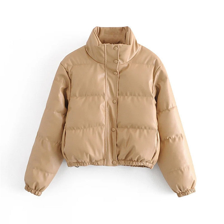 Quilted faux leather jacket for women with a high collar and elastic cuffs Lune London