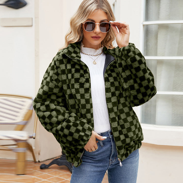 Fleece jacket for women with a modern checked pattern and high collar Lune London