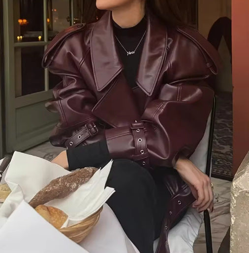 Ladies trendy oversized leather jacket with structured shoulders and waist belt Lune London