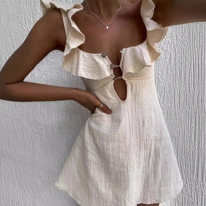 Mini dress for women with ruffled trim and open collar Lune London