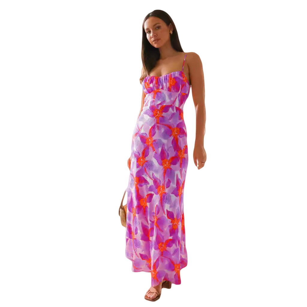 Women’s maxi dress with elegant gathering design and supportive spaghetti straps