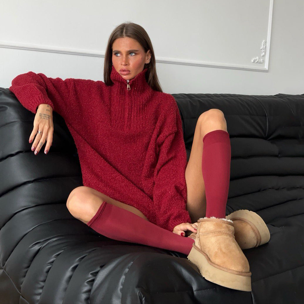 Oversized fleece sweater for women with high collar and zipper Lune London