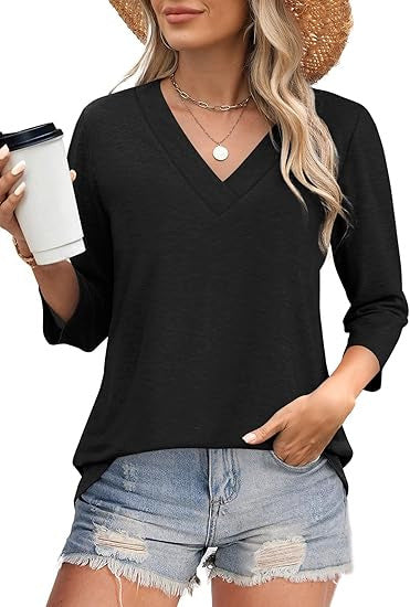 Women's V-Neck Top with Three-Quarter Sleeves and Side Slits Lune London