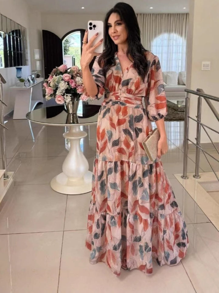 Maxi dress for women with floral design and light V-neck Lune London