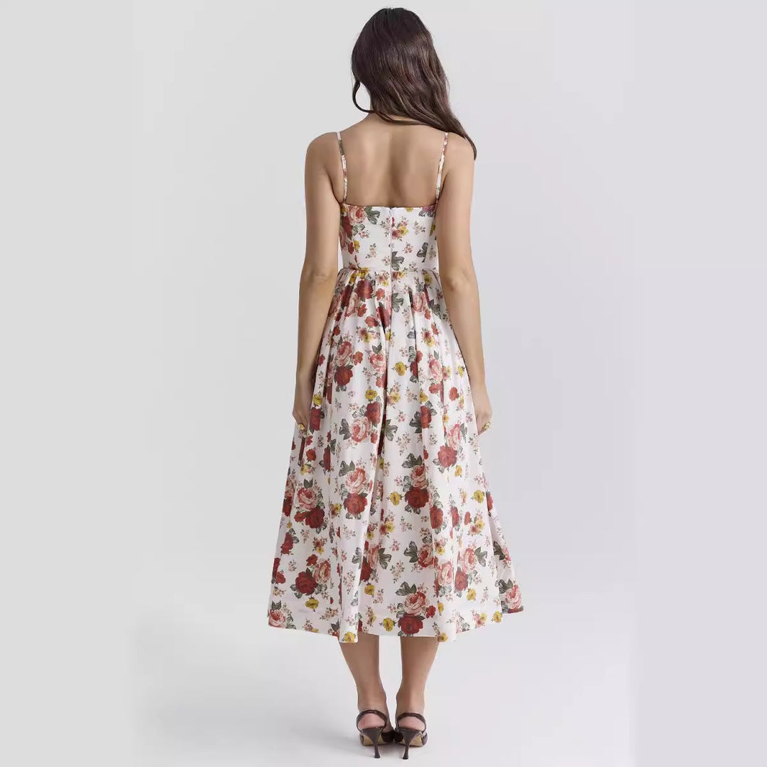 Women’s midi floral dress with strapless style and swinging skirt Lune London