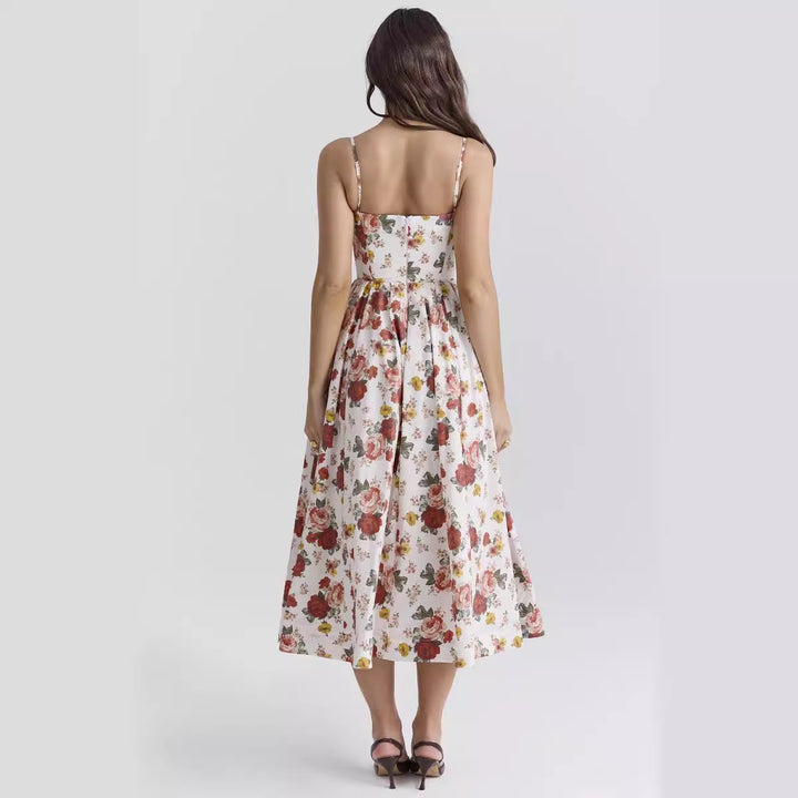 Women’s midi floral dress with strapless style and swinging skirt Lune London