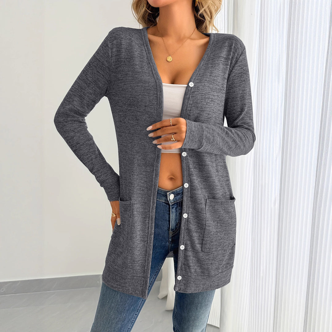 Ladies long sleeve cardigan with practical pockets and button placket Lune London