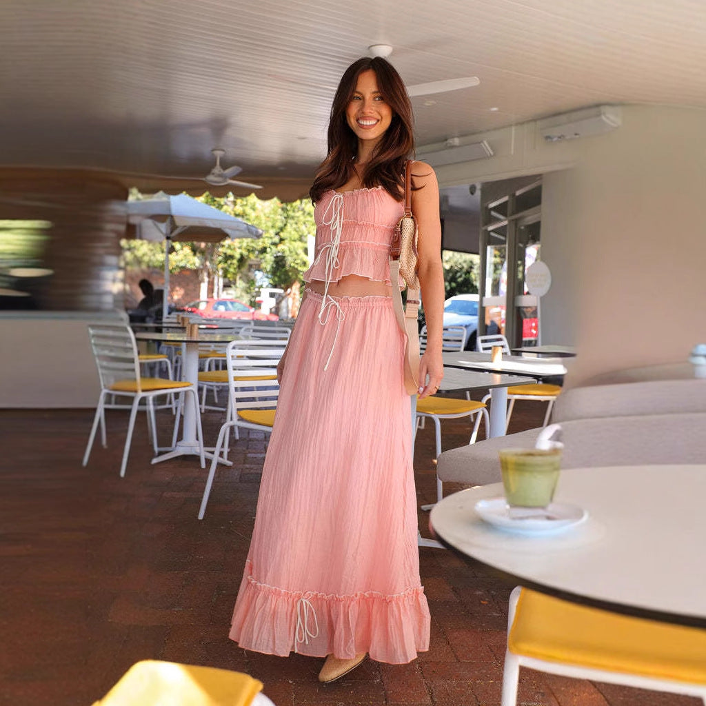 Chic & Style Adjustable Neckline Women's Airy Maxi Dress with Ruffle Details