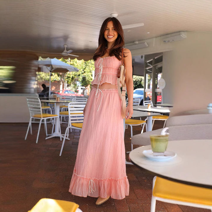 Chic & Style Adjustable Neckline Women's Airy Maxi Dress with Ruffle Details