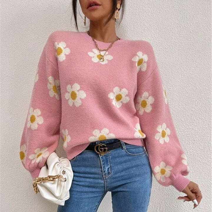 Knit sweater for women with a playful floral pattern and elegant puff sleeves Lune London