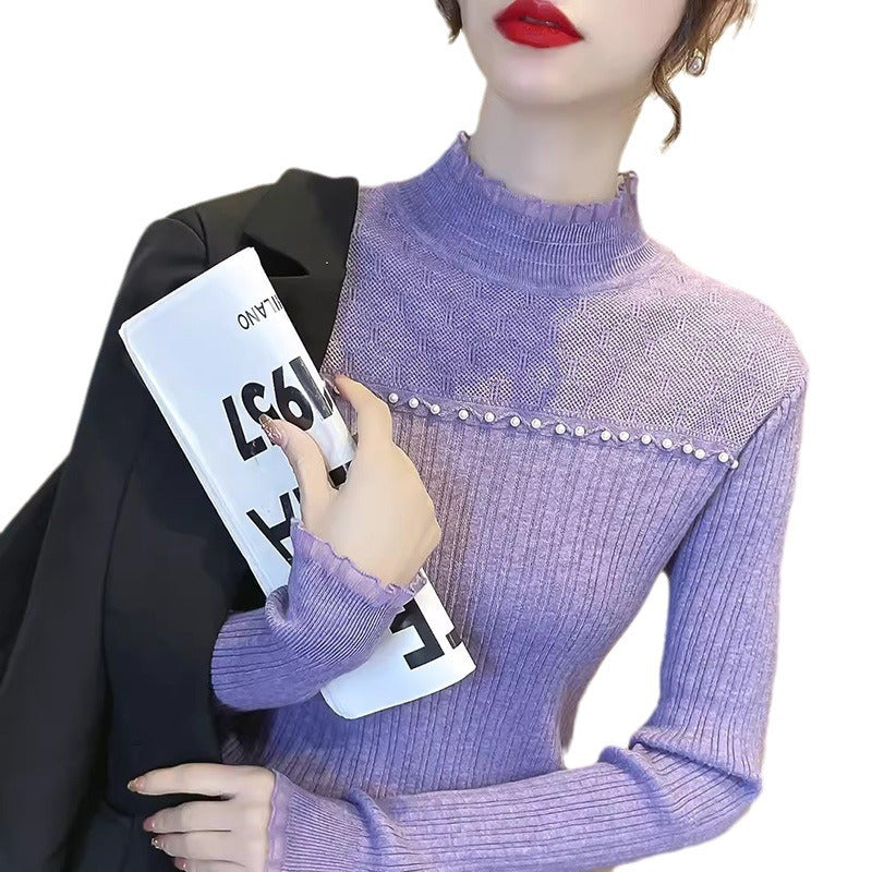 Ladies elegant knitted sweater with transparent inserts and ruffle details Lune London