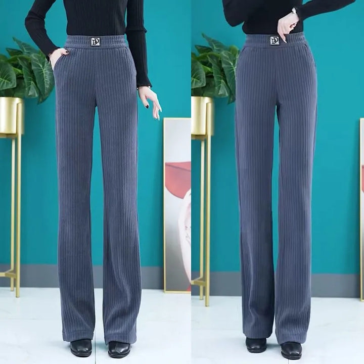 Women's high-waisted flared trousers with stylish ribbed design and elastic waistband