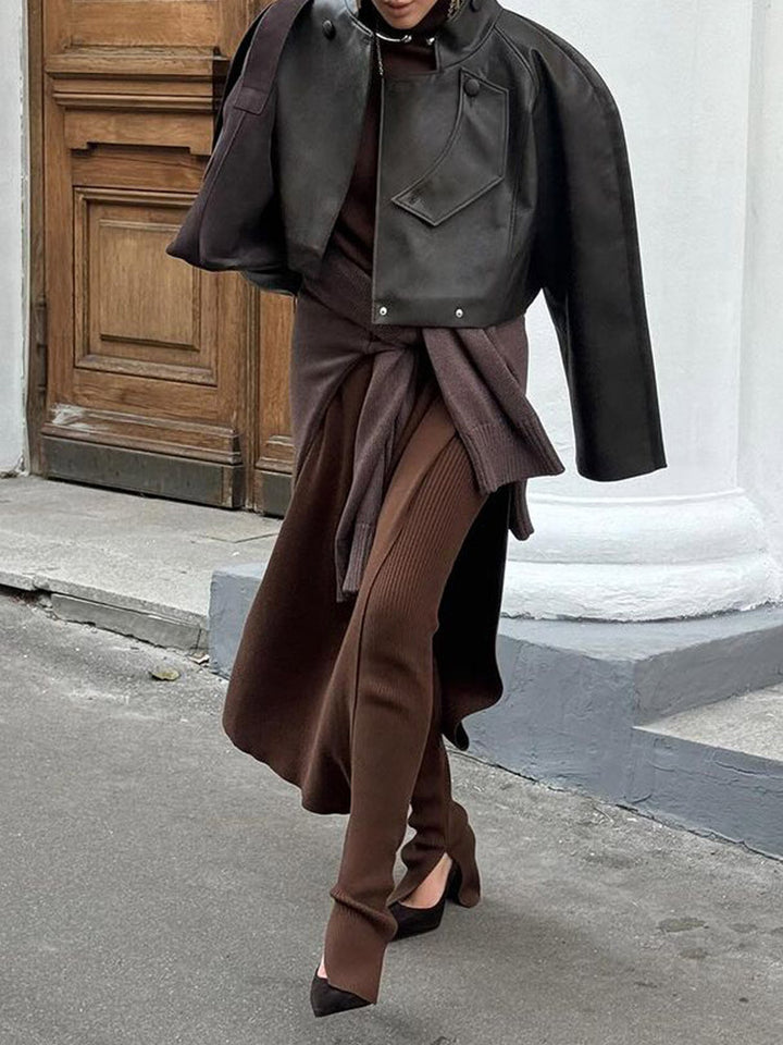 Ladies Elegant Leather Jacket with Textured Design and Asymmetrical Cut Lune London