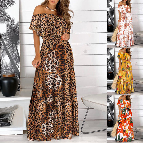 Off-shoulder maxi dress for women with flowy and asymmetrical skirt Lune London