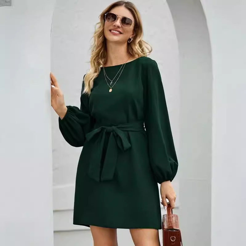 Ladies Elegant Dress with Balloon Sleeves and Waist Belt Lune London