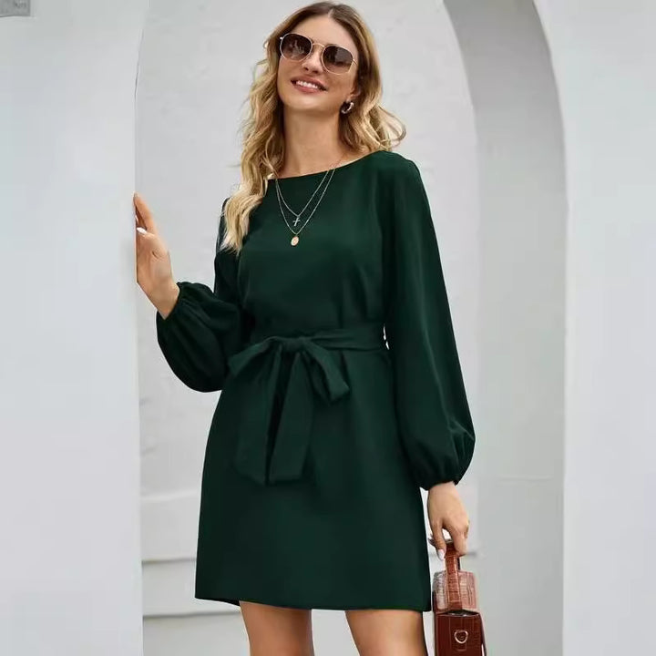 Ladies Elegant Dress with Balloon Sleeves and Waist Belt Lune London