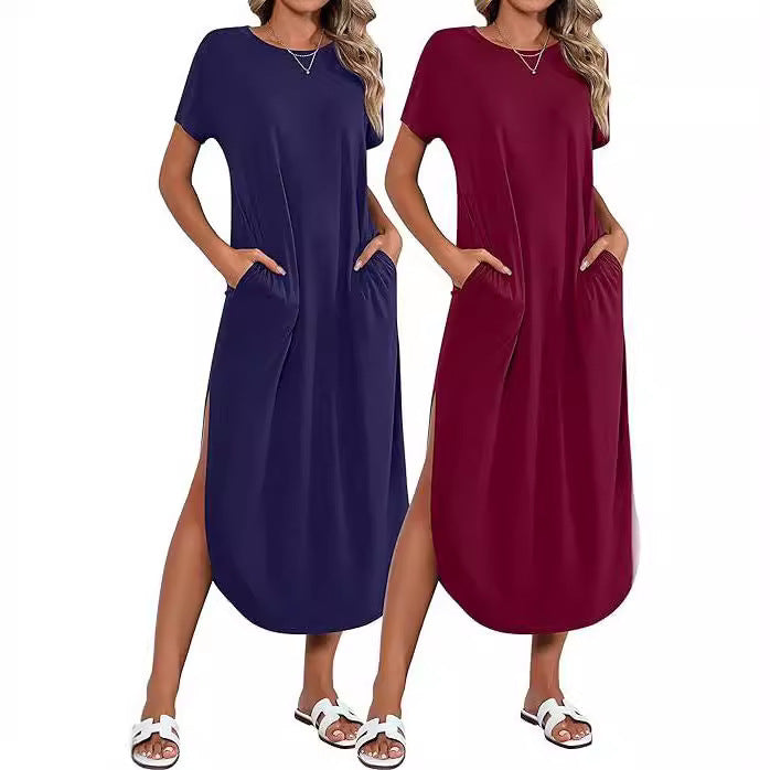 Casual maxi dress for women with side slit and pretty round neck Lune London