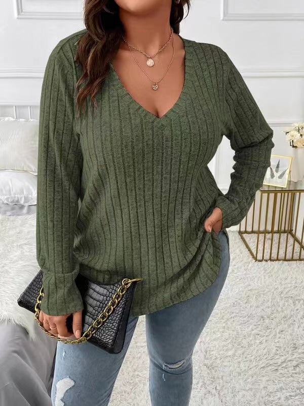 Ladies long sleeve V-neck T-shirt with fine ribbed structure Lune London