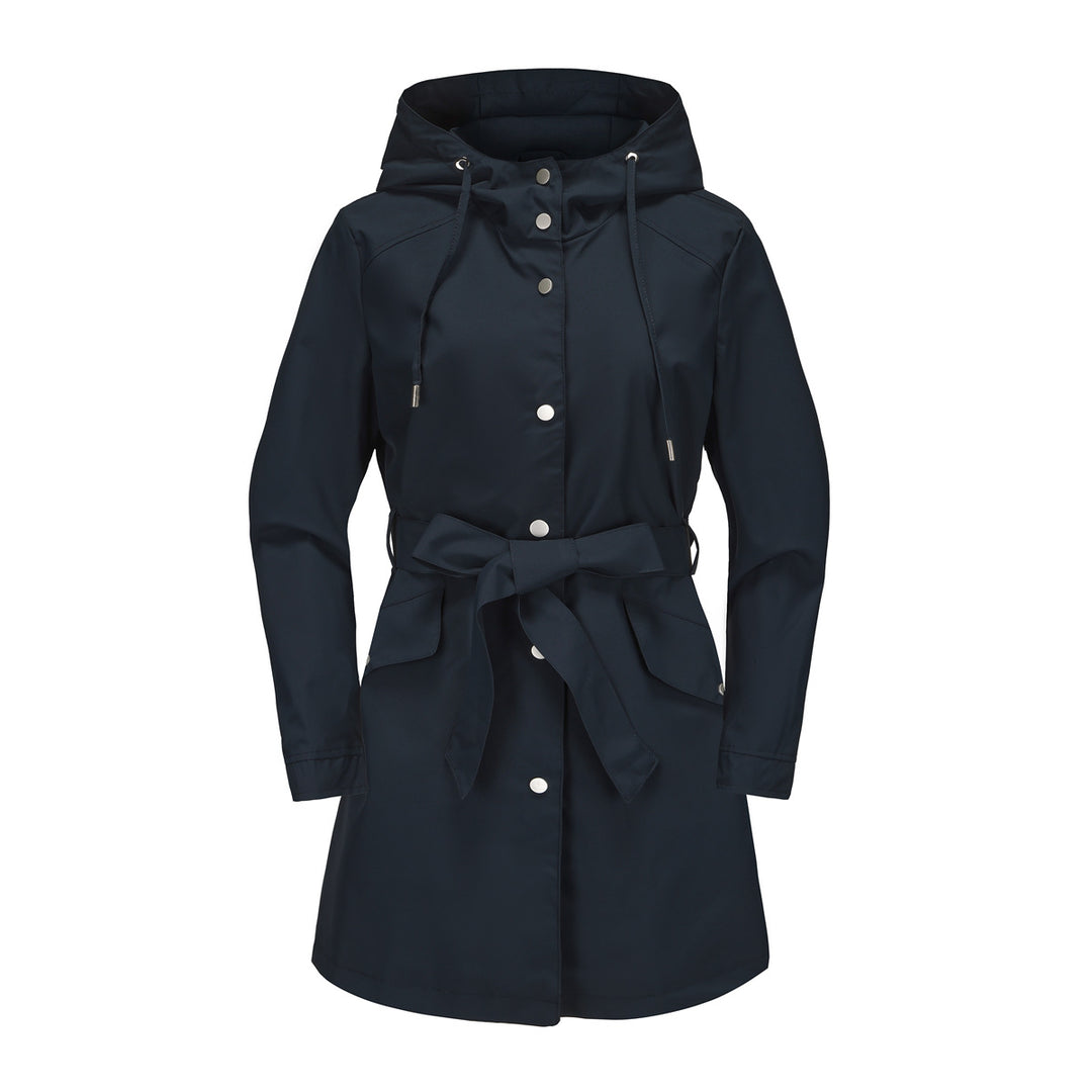 Women's waterproof transition jacket with adjustable hood and waist belt Chic and Style