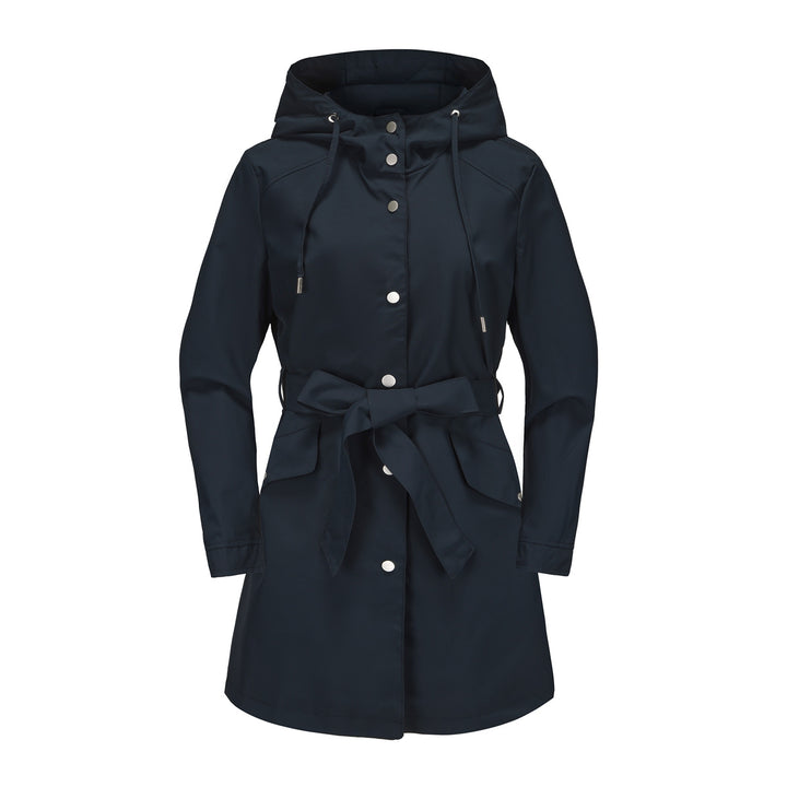 Women's waterproof transition jacket with adjustable hood and waist belt Chic and Style