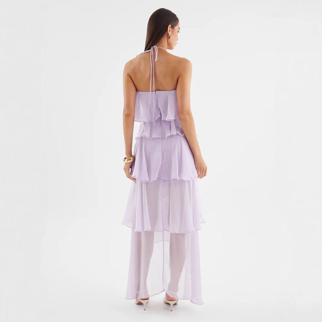 Chic & Stil Women's Airy Maxi Dress with Flowing Ruffles and Chic Halter Neck