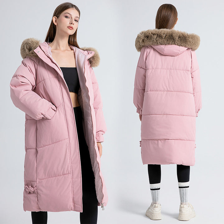 Long winter coat for women lined with removable faux fur collar and practical drawstrings Lune London