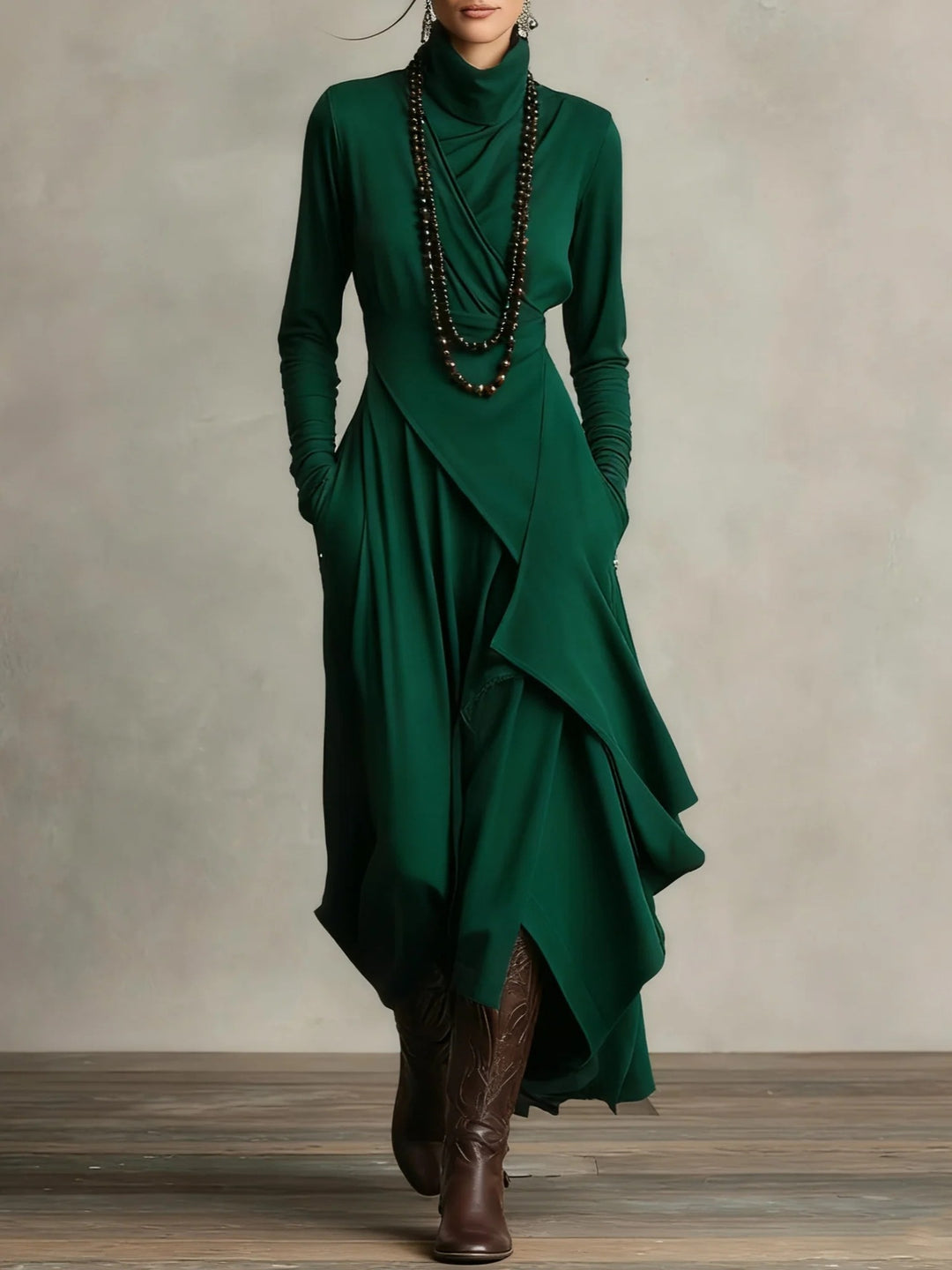 Women's Elegant Maxi Dress with Draped Top and Asymmetrical Cut Lune London