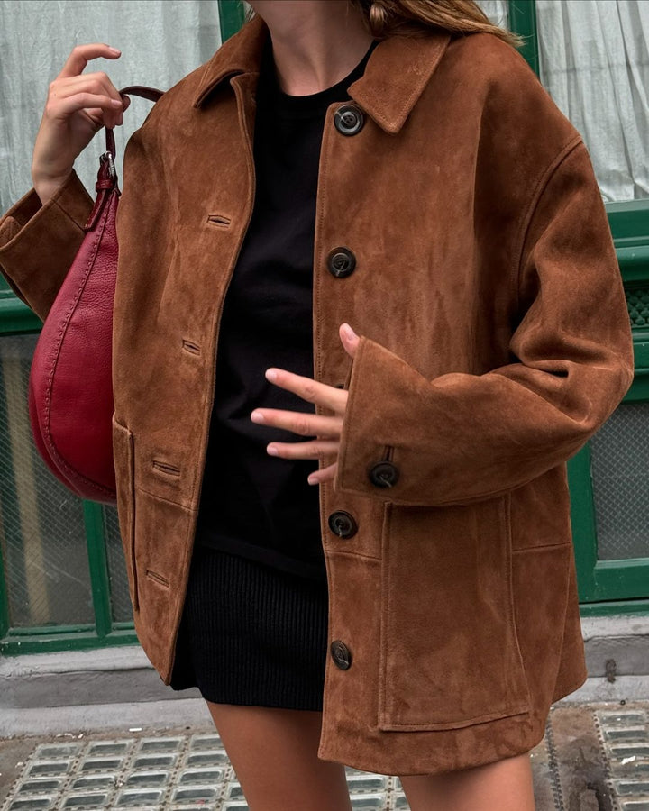 Long suede coat for women with adjustable belt and trendy collar Lune London