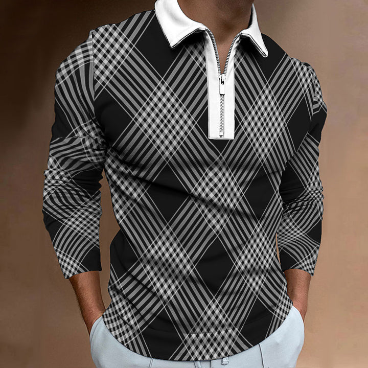 Long sleeve polo shirt for men with a trendy check pattern and an elegant zipper Lune London
