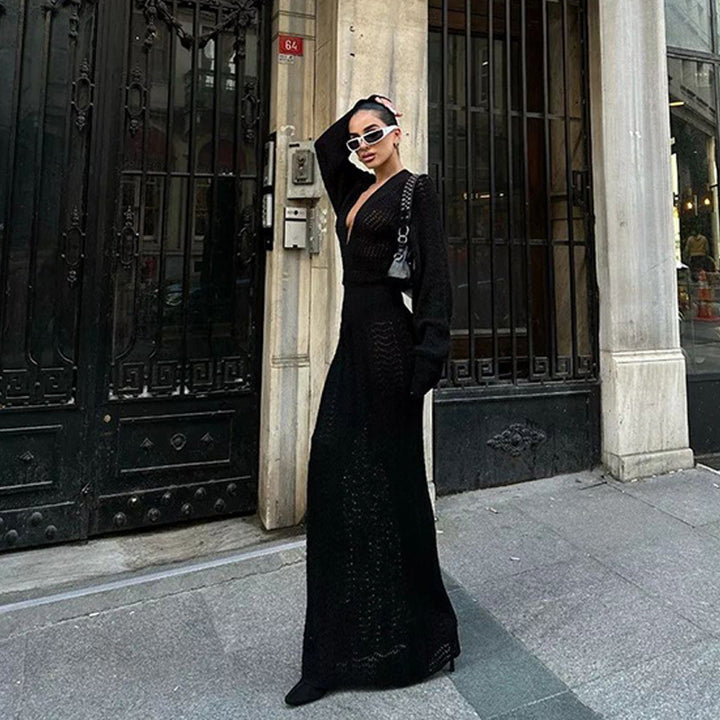 Elegant crochet maxi dress for women with deep V-neck and ribbed design Lune London