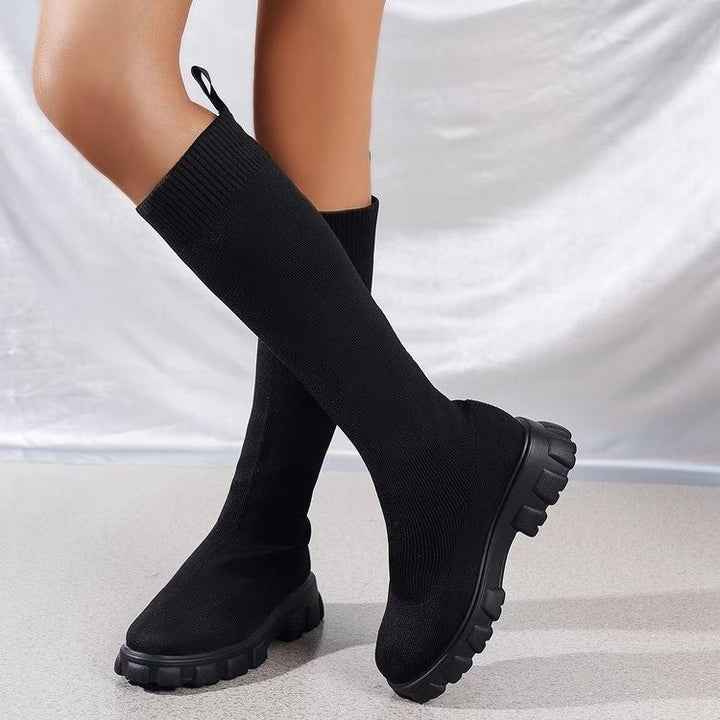 High knitted boots for women with slip-resistant molded sole and elastic upper Lune London