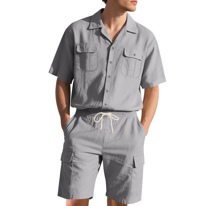 H men's casual short sleeve shirt and chic cargo shorts outfit