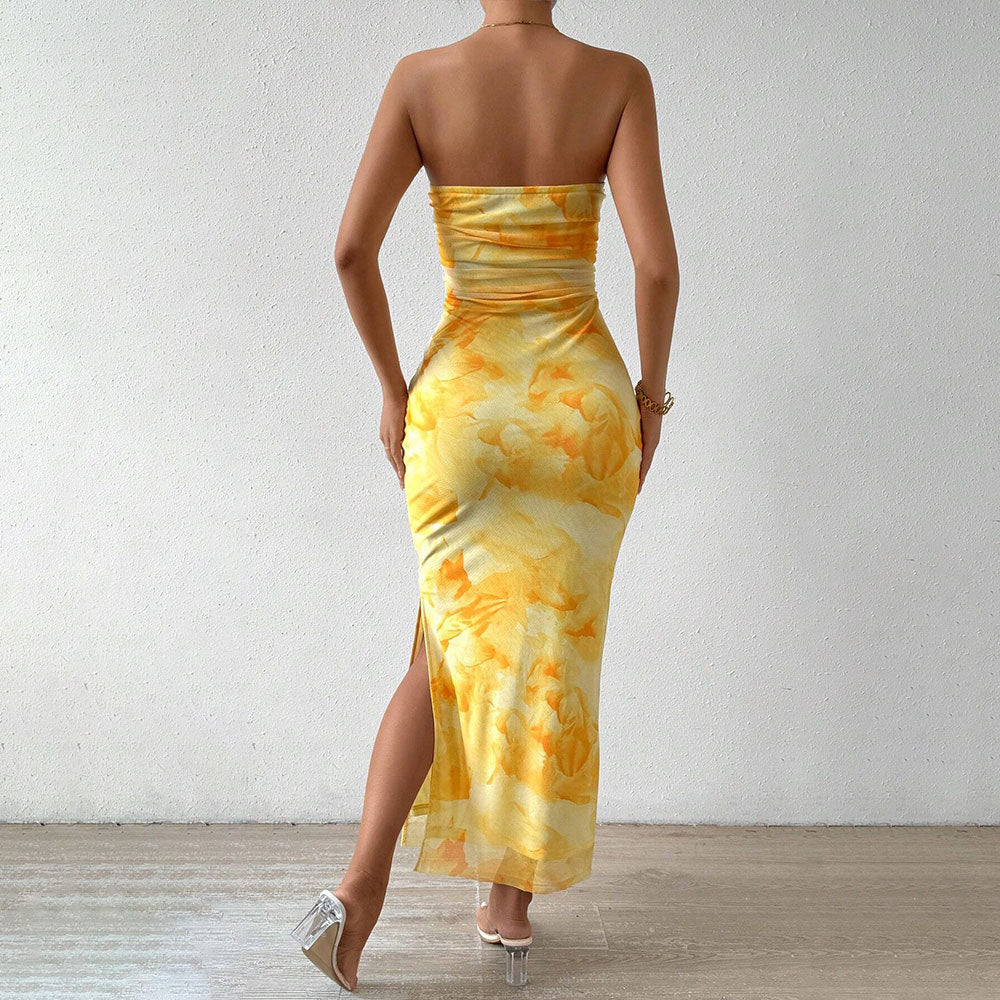Robe maxi à manches longues pour femmes avec encolure bandeau et fente haute Chic & Stil