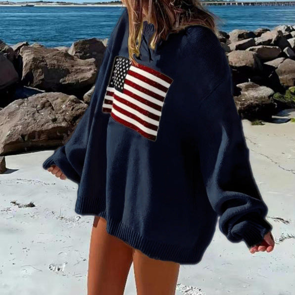 Casual plush sweater for ladies with a large American flag pattern Lune London