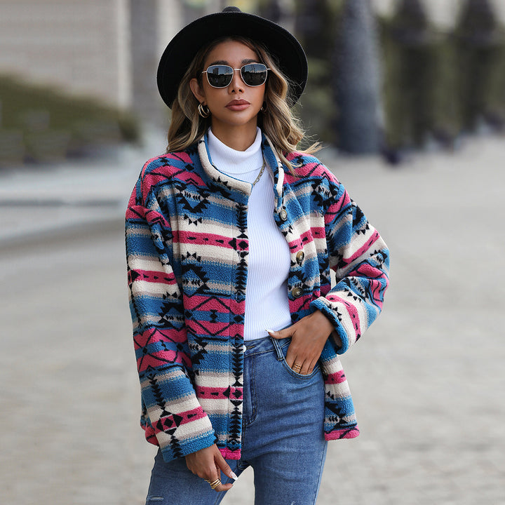Women's polar jacket in boho style with unique geometric pattern and large buttons Lune London