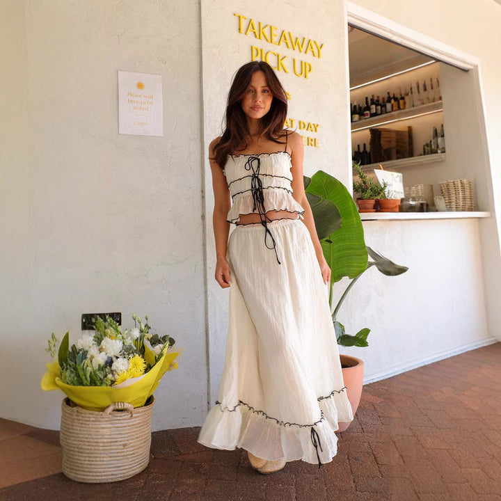 Chic & Style Adjustable Neckline Women's Airy Maxi Dress with Ruffle Details
