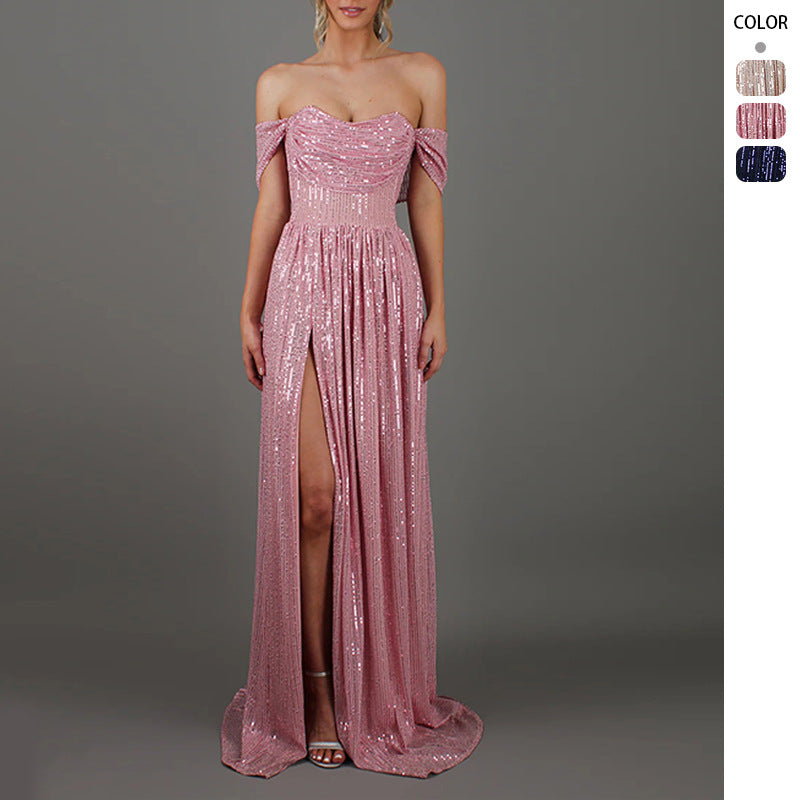 Women Glittering and Strapless Evening Dress with Deep Slit