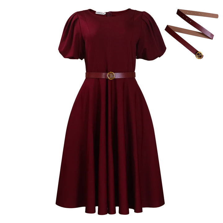 Midi dress for women with puff sleeves and a fitted belt Lune London
