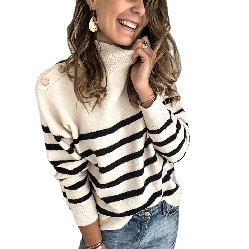 Women's high collar sweater with striped pattern and decorative buttons Lune London