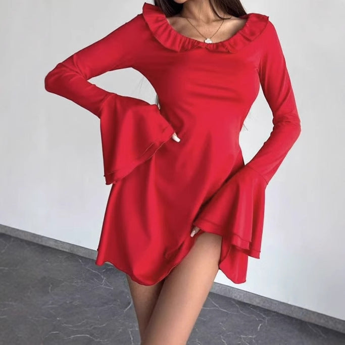 Off-shoulder mini dress for women with ruffle details and long sleeves Lune London