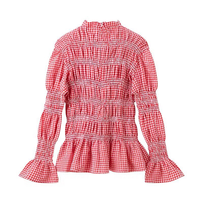 Ruffled blouse for women with gingham pattern and elegant puff sleeves Lune London
