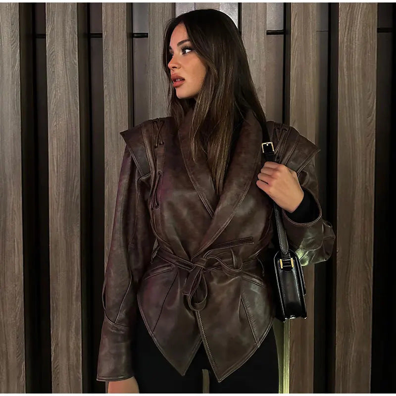 Feminine suede leather jacket with fitted cut and tie belt Lune London
