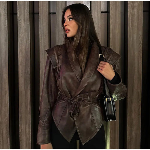 Feminine suede leather jacket with fitted cut and tie belt Lune London