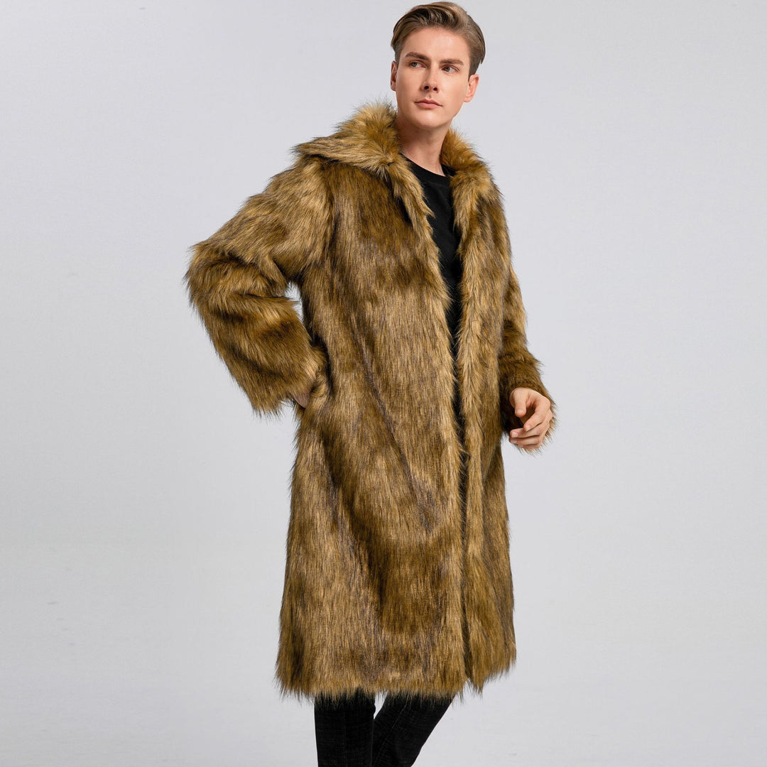 Long faux fur coat for men with high collar and luxurious inner lining Lune London