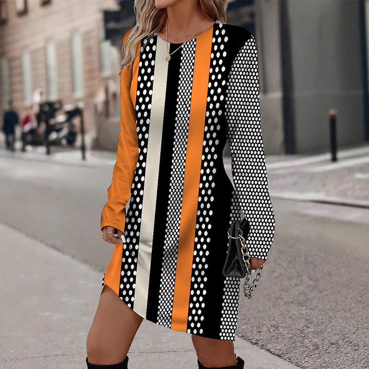 Long sleeves long dress for women with graphic striped pattern and chic dot design Style