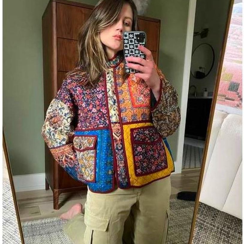 Quilted jacket for women with a colorful patchwork design and practical pockets Lune London