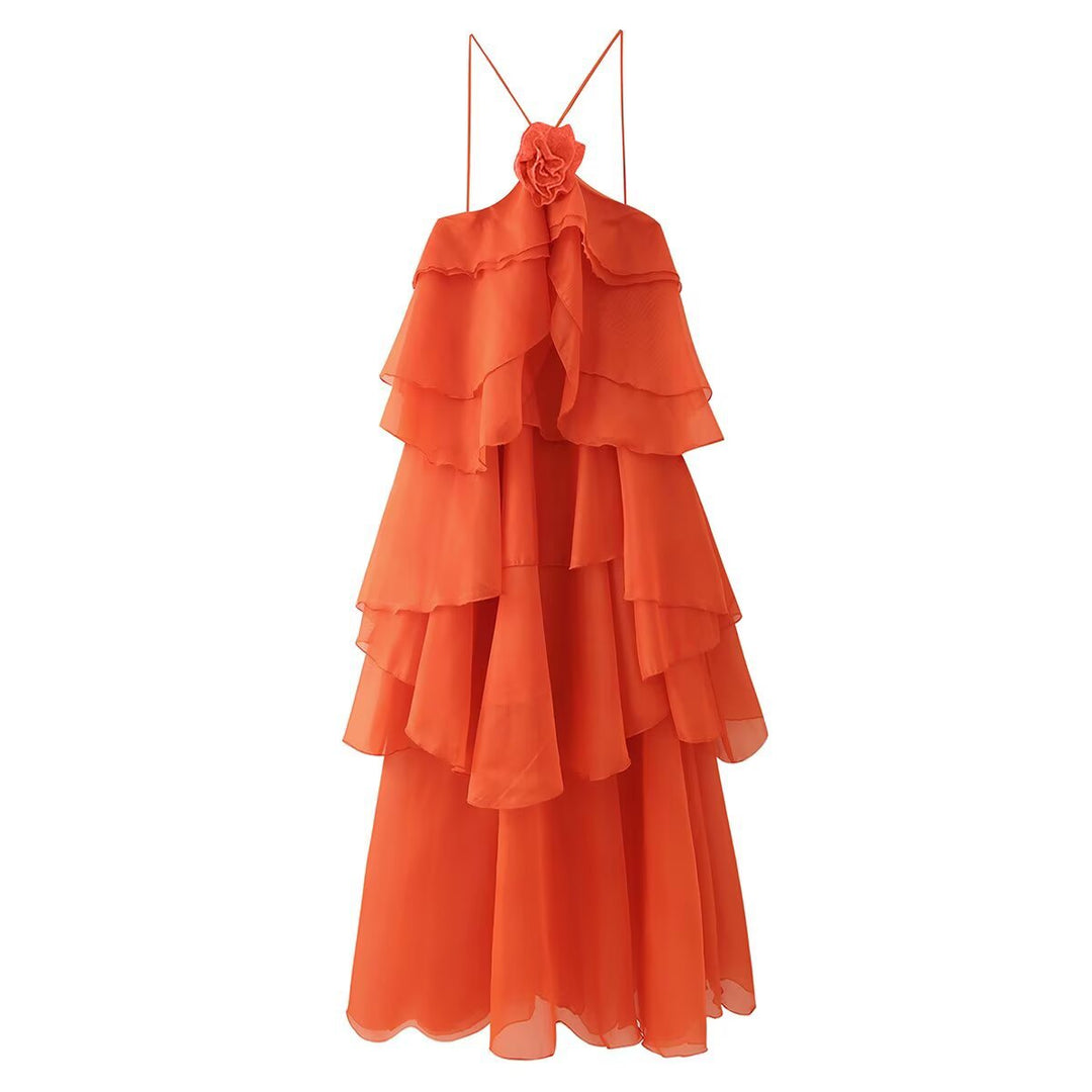Maxi dress for women with voluminous ruffles and floral accents Lune London